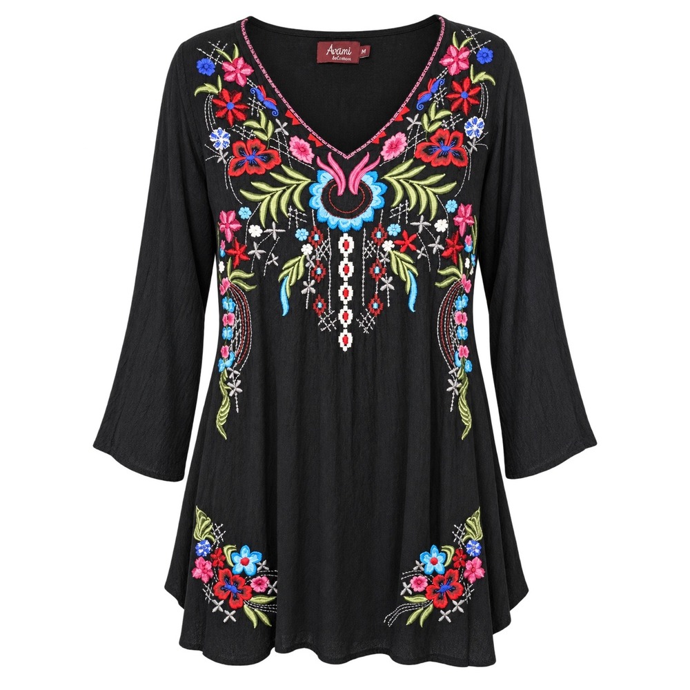 Avani del amour Womens Black Embroidered Floral V-Neck Tunic Top Medium